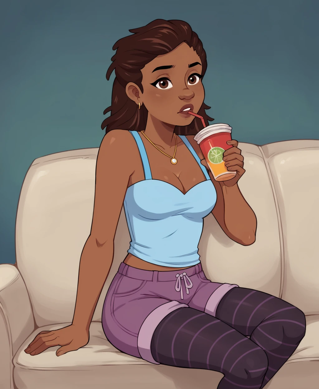 zPDXL3, psawillow, 1girl, solo, dark-skinned female, brown hair, tank top, shorts, cleavage , pantyhose, sitting on couch, drinking, parted lips, looking at viewer, <lora:Willow-000006:.8> (party)