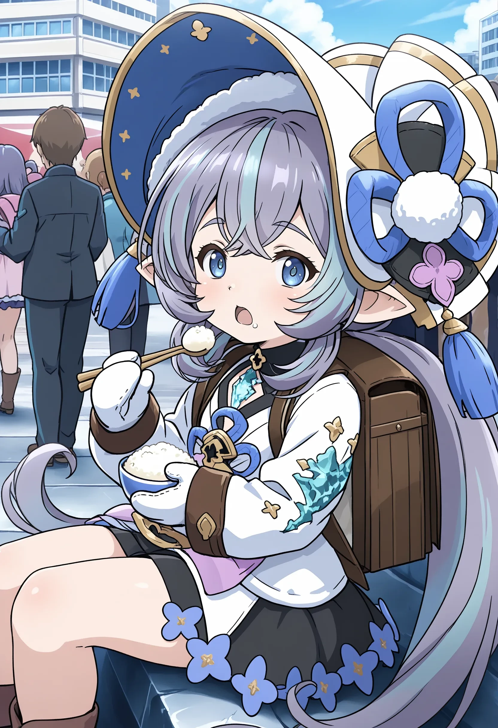 1girl, uruki \(granblue fantasy\), harvin, purple hair, multicolored hair, low twintails, blue eyes, bonnet, hat tassel, dress, long sleeves, mittens, backpack, footwear, 
outdoors, city, japan, audience, crowd, 
upper body, holding chopsticks, rice bowl, from side, looking at viewer, eating, Surprised, Wide-open eyes, a raised brow, and an open mouth., general, 
masterpiece, best quality, absurdres, high resolution, 8k, official art, official style, source_anime, uncensored, anime screencap, anime coloring, newest, (ai-generated:0.6) <lora:GBF-uruki_XL(ill)v10:1>