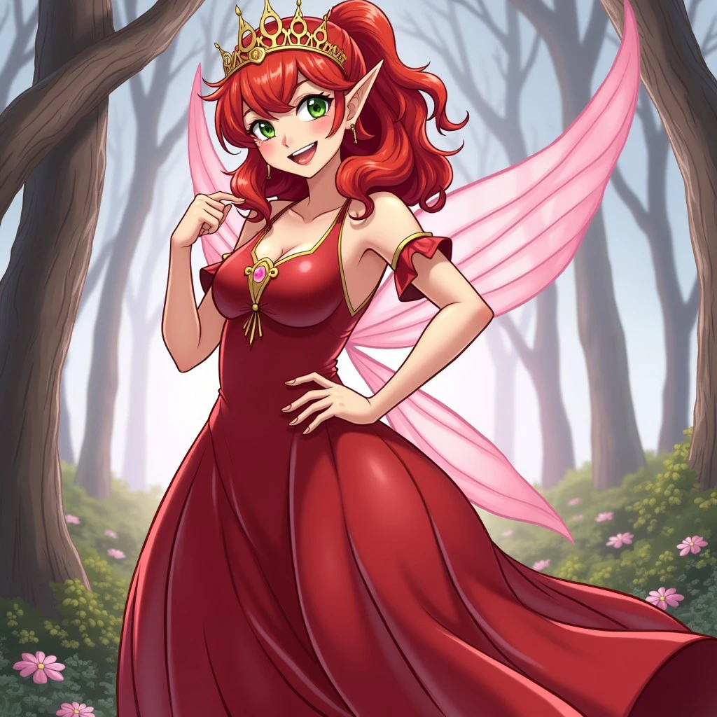 posing,smile,outdoors,1woman, pointy ears, collected hair, red hair, green eyes, long dress, (red dress), makeup, tiara, fairy,UV colors,illustration,looking at viewer,portrait