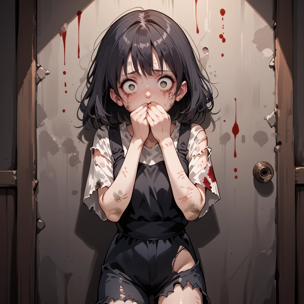 score_9, score_8_up, score_7_up, source_anime, <lora:Unsettling_Pony:0.5>, unsettling, dirty, grimy, 1girl, torn clothing, bloodstains, dirty wall, terrified expression, scared expression, wide eyes, small pupils, black pupils, hands covering mouth