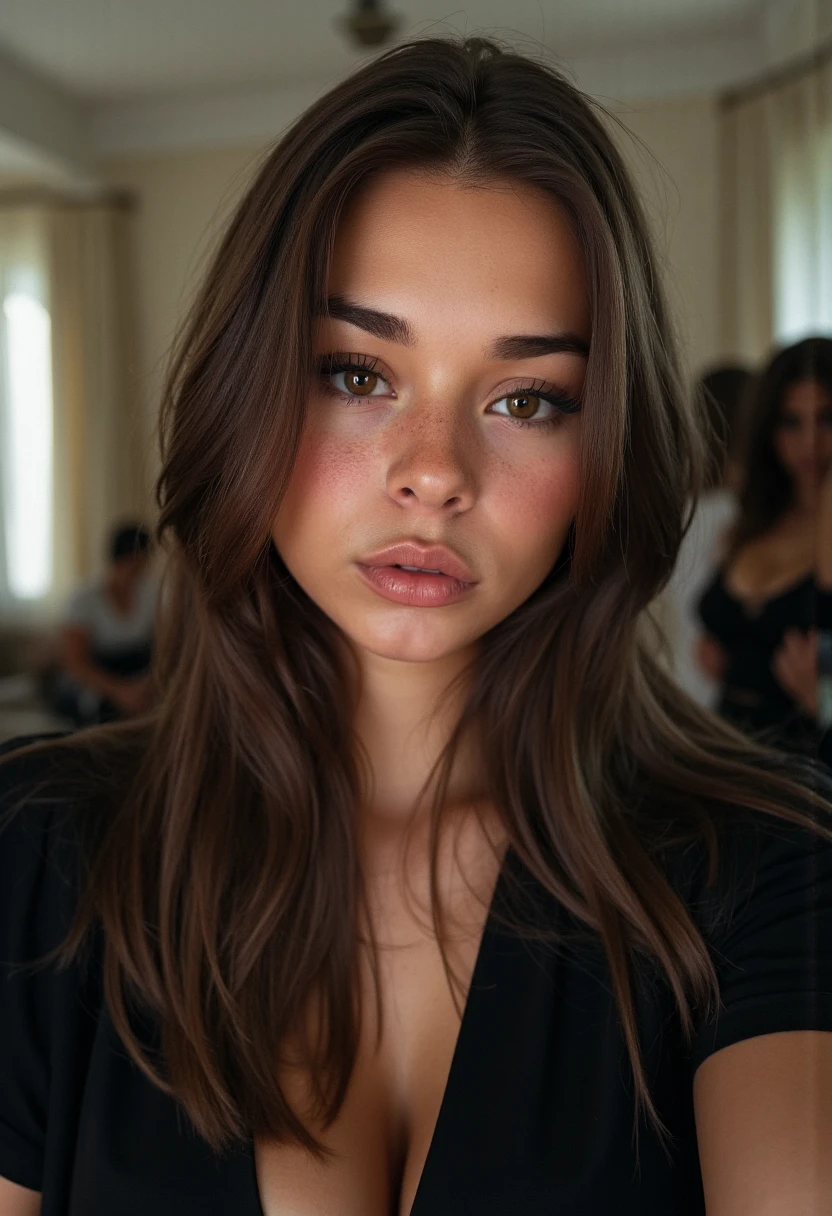 portrait of sophierain holding the camera in a selfie angle , she wears a black shirt