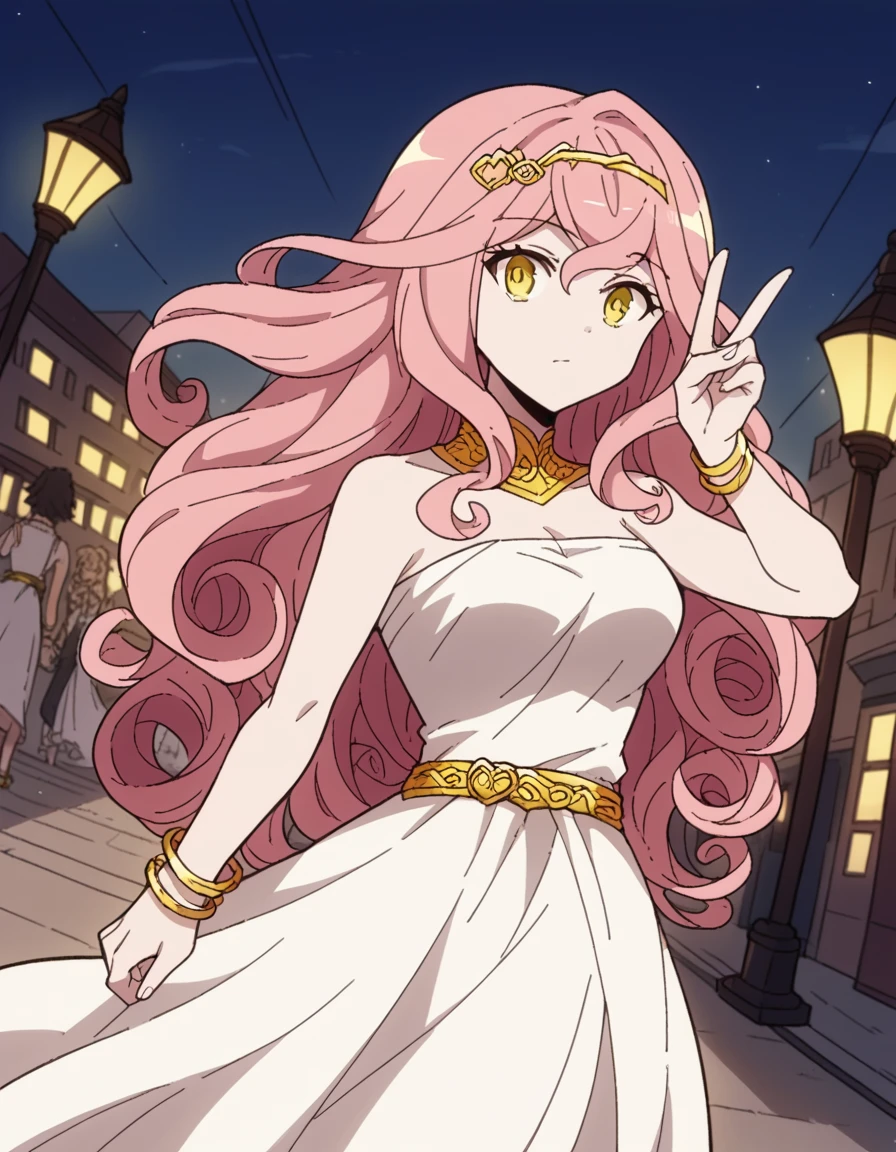 score_9, score_8_up, score_7_up, source_anime, <lora:renaishin-s2-ponyxl-lora-nochekaiser:1>, renaishin, long hair, medium breasts, yellow eyes, pink hair, tiara, sidelocks, curly hair,, dress, bare shoulders, jewelry, bracelet, circlet, white dress, belt, gold belt, detached collar, city street, evening, streetlights, walking dog, quiet neighborhood, gentle breeze, , v, v over eyes,, looking at viewer, solo,, dutch angle, cowboy shot