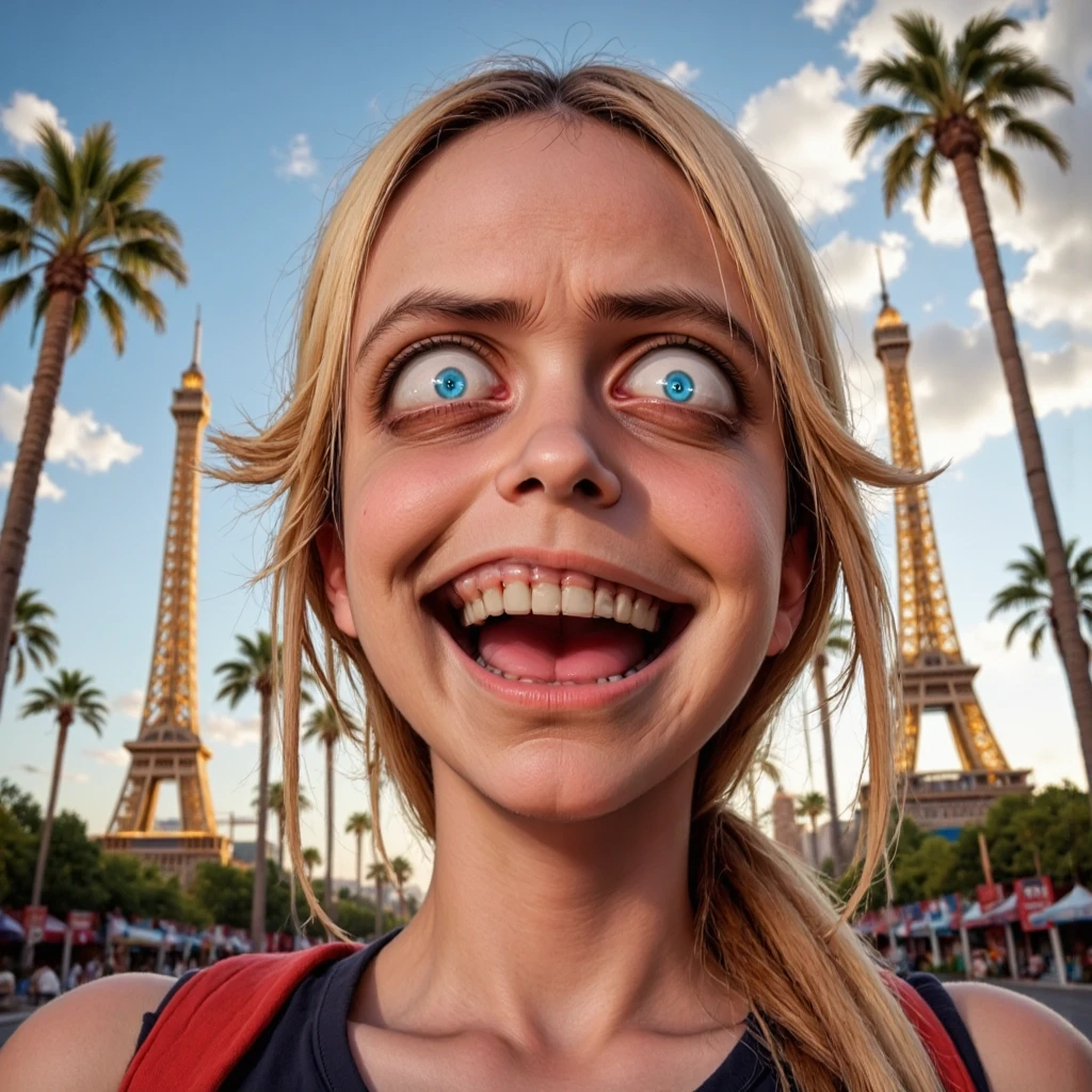 realistic wide angle photo of a girl with gesugao facial expression standing in front of the eiffel tower in Las Vegas Nevada<lora:gesugao.FLUX:1.3>