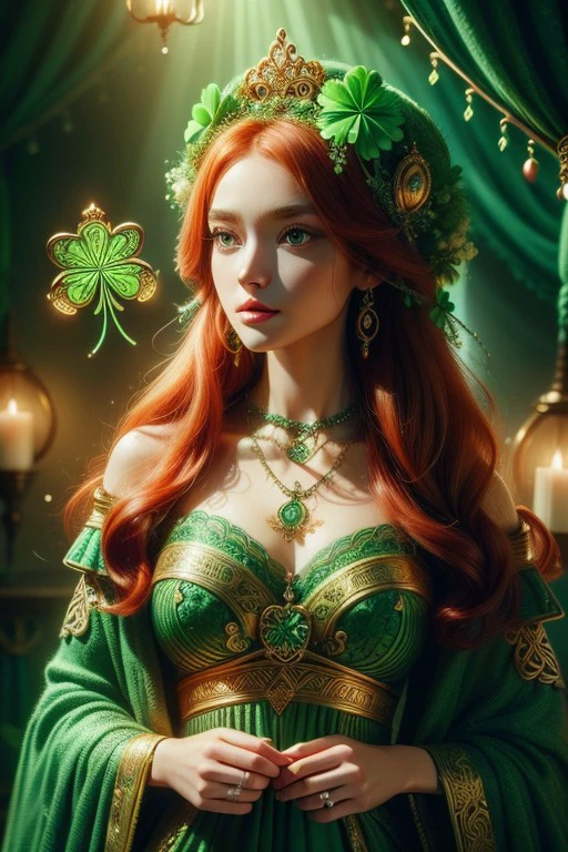 (High quality), (masterpiece), (detailed), 8K, A captivating photograph showcases a stunning woman with vibrant red hair, adorned in a green and gold Celtic-inspired gown, her eyes a mesmerizing emerald green. (Intricate Celtic knotwork1.2) decorates the bodice, while a (delicate shamrock necklace1.3) rests on her chest. (Soft lighting1.2) highlights her porcelain skin, creating a ethereal atmosphere. Shot with Canon EOS R5 and Canon RF 85mm f1.2L USM lens.