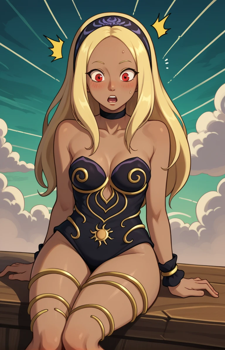 score_9, score_7_up BREAK abstract background, 1girl, solo, kitten (gravity daze), dark skin, red eyes, medium breasts, dark-skinned female, leotard, choker, strapless, long hair, thighs, hairband, bracelet, bare shoulders, blonde hair, jewelry, Cowboy shot, sitting, surprised, open mouth,  blush, cloudy sky, dark clouds, <lora:Kat_Gravity_Rush:0.8>,