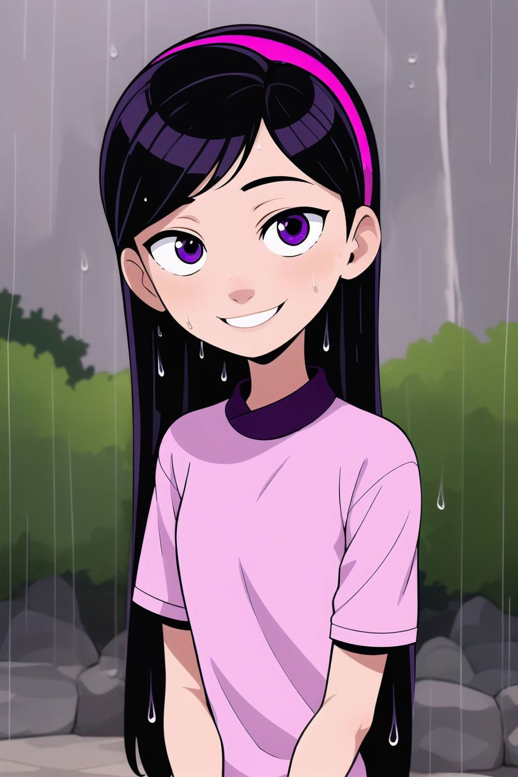 Violet_Parr,1girl,solo,black hair,long hair,hairband,purple eyes,raining, Rain, wet clothes, smile, anime coloring, masterpiece, Best quality