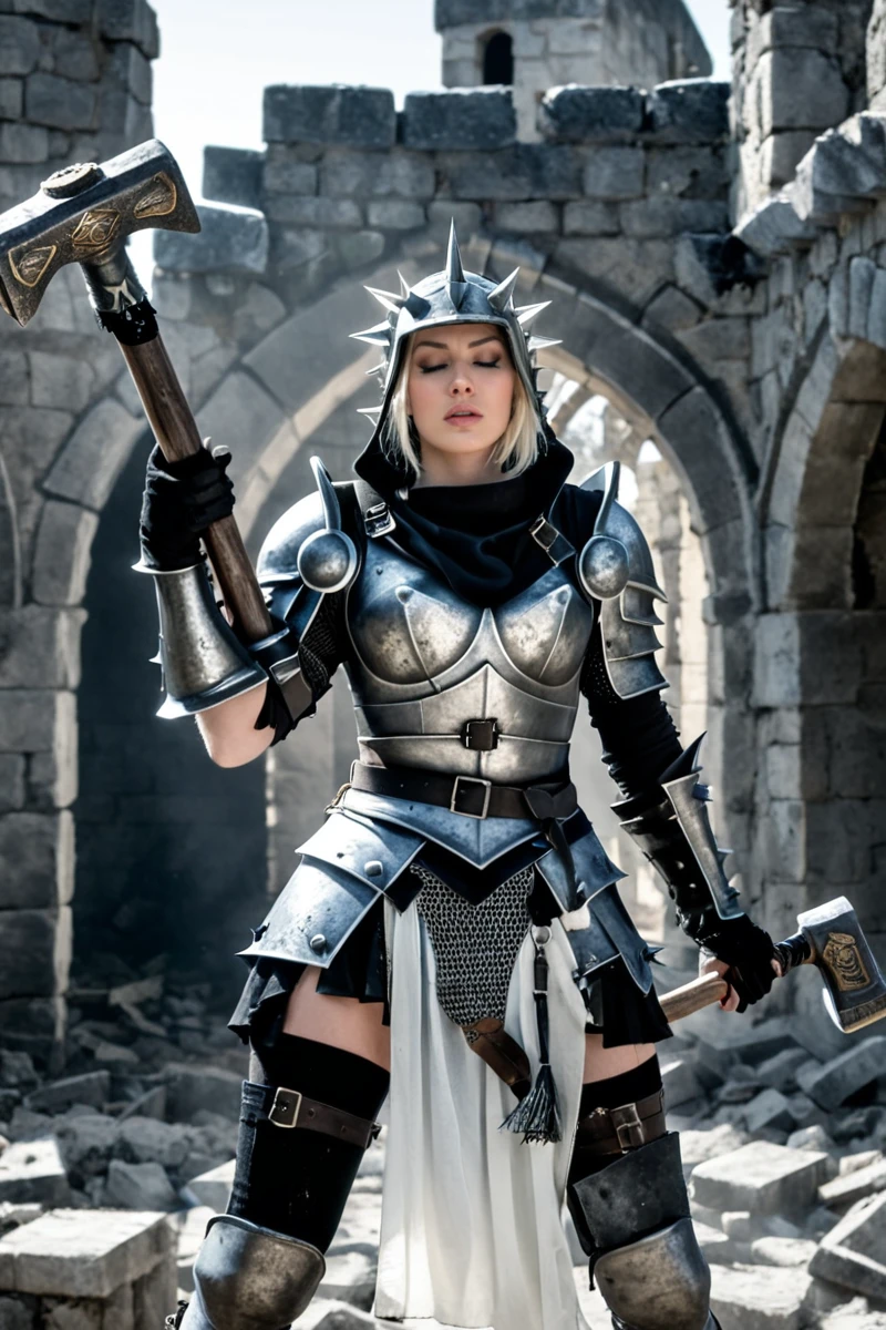 hires digital photo, photorealism, <lora:Bertha_Bestraufrung_Warhammer_XL_v1-000008BF:1> simple background, bestraufrung standing in a ruined castle, head raised, eyes closed, arms crossed over own chest, dual wielding, holding two war_hammers, white spiked_cowl, blonde hair, backlighting, dramatic, wearing black fullarmor, pauldrons, vambraces, thighhighs, pelvic curtain, zettai ryouiki, intricate details, high resolution,