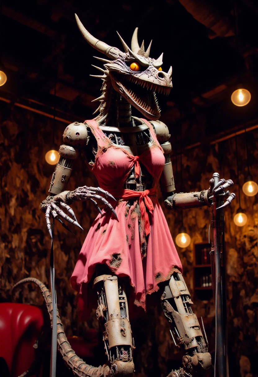 <lora:Animatronic_Assembler_FLUX:1.2>
This is a highly detailed photograph depicting a seductive animatronic dragon robot with huge breasts wearing a tattered pink dress, pole dancing on stage at a dark, horror themed strip club. The robot is leaking oil and appears to be rusting.