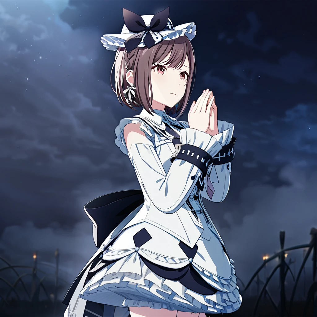 1girl, shinonome ena, project sekai, masterpiece, very aesthetic, absurdres, official art,
keikyoku ena, brown short hair, brown eyes, braid, solo,
sad, tears, looking up, looking afar, hand up, catching  falling stardust with both hands in front of her chest, palms facing up, cowboy shot, BREAK
headwear, head ribbon, 
dark, dark atmosphere, night, mist, 
 The scene is illuminated by a soft, ethereal light, casting a magical glow on her face and hands. 
 <lora:sdxl-25-KeikyokuEn01:0.8:lbw=0,0,0.2,0.2,0,0.4,0.4,0,0.8,0.8,0,0,0,0.8,0.8,0.6,0.8,0.0,0.0,0.0,0,0,0,0,0,0>