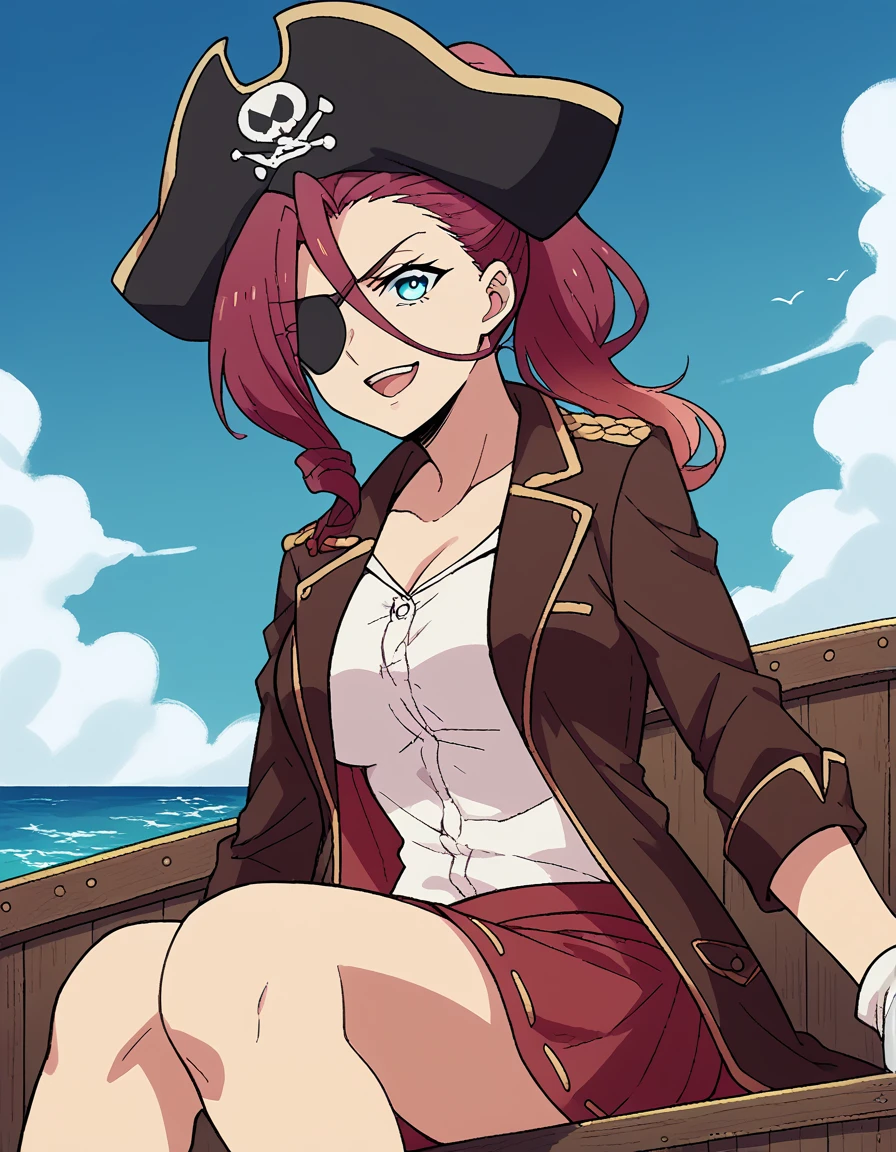 score_9, score_8_up, score_7_up, source_anime, <lora:akane-ryuuzouji-s1-ponyxl-lora-nochekaiser:1>, akane ryuuzouji, long hair, blue eyes, ponytail, red hair, large breasts,, <lora:pirate-costume-ponyxl-lora-nochekaiser:1>, pirate costume, pirate hat, skirt, gloves, jacket, shirt, eyepatch,, blue sky, sea, ocean, pirate ship, treasure, gold, smug, open mouth, from below, sitting,, , dutch angle, cowboy shot