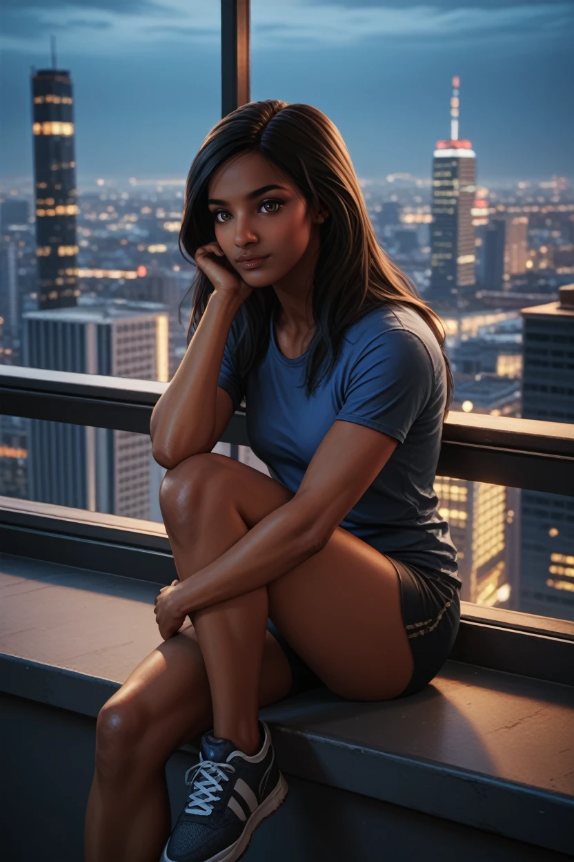 score_9, score_8_up, score_7_up,
<lora:MEBrooks:0.8>
MEBrooks, 1girl, black hair, brown eyes, dark skin, long hair, looking at viewer, sitting on a windowsill, one leg bent, one hand resting on the knee, city skyline at dusk in the background, moody and reflective ambiance