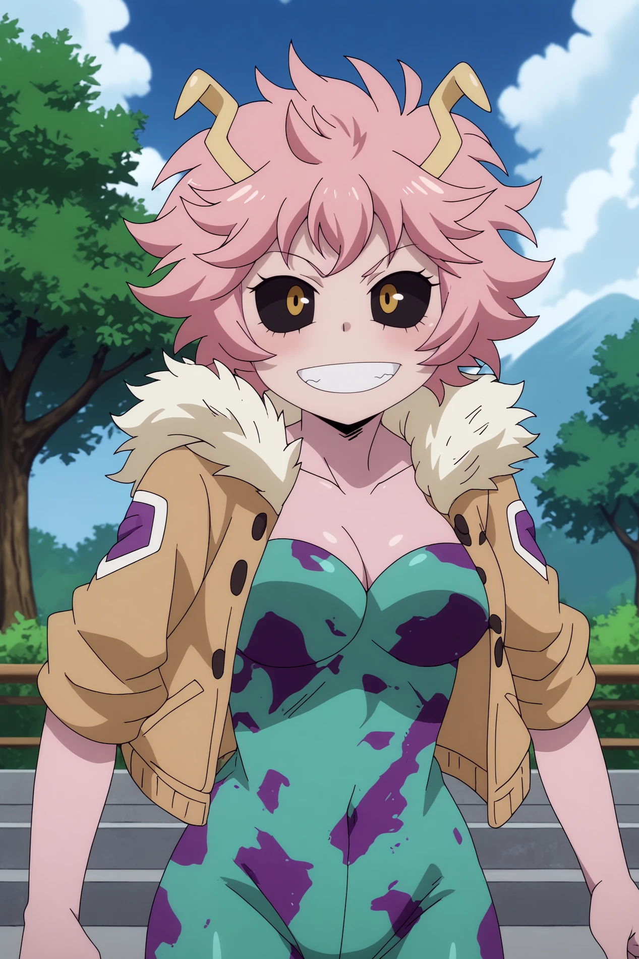  mina ashido,1girl,solo,breasts,medium breasts,pink skin,horns,colored skin,clenched teeth,teeth,short hair,colored sclera,black sclera,smile,fur trim,jacket,unitard BREAK outdoors,cloud,blue sky,restaurant  reaching,   <lora:Mina_Ashido_-_My_Hero_Academia.safetensors:0.8>