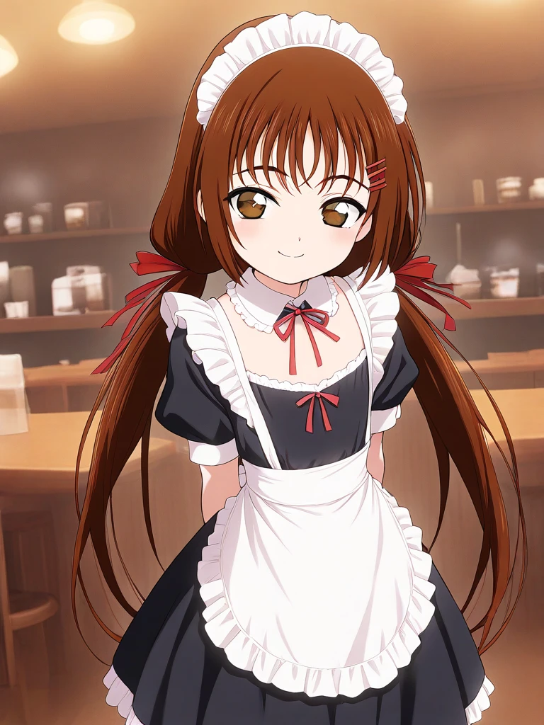 masterpiece, best quality, good quality, newest, <lora:Hayami_Ayumi_IS:1>  Hayami_Ayumi, brown hair, brown eyes, long hair, flat chest, short stack, smile,
 twintails, red ribbon,  hairclip, 
Gothic Maid, cafe,