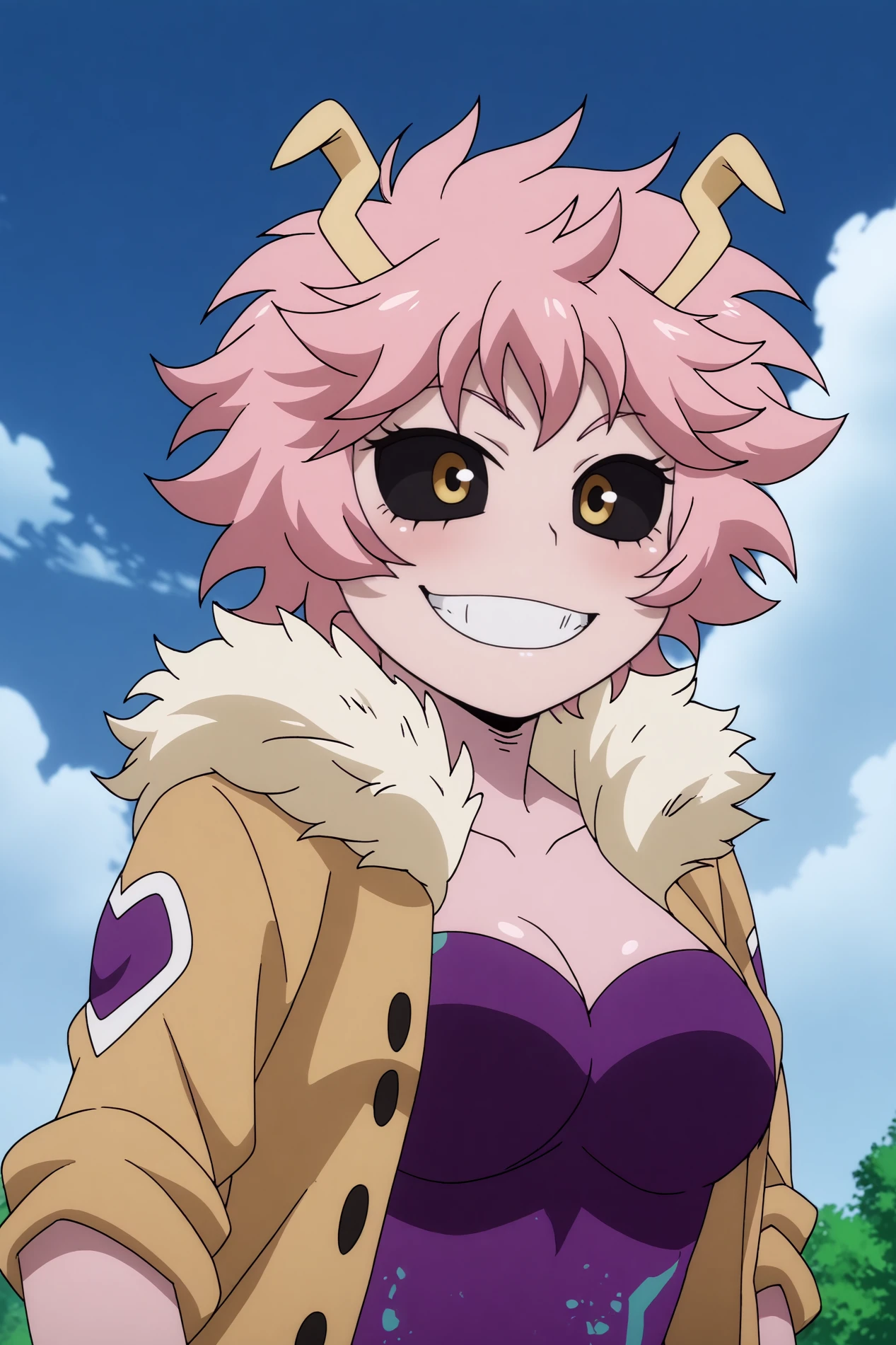  mina ashido,1girl,solo,breasts,medium breasts,pink skin,horns,colored skin,clenched teeth,teeth,short hair,colored sclera,black sclera,smile,fur trim,jacket,unitard BREAK outdoors,cloud,blue sky,restaurant   <lora:Mina_Ashido_-_My_Hero_Academia.safetensors:0.8>