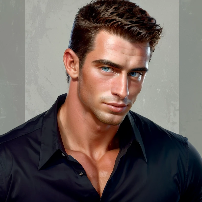 (RAW photo), high quality, absurdres, grey background,  realistic, portrait,  <lora:PavelNovotny:0.9> pavelnovotny,  black shirt, muscular male,âââ