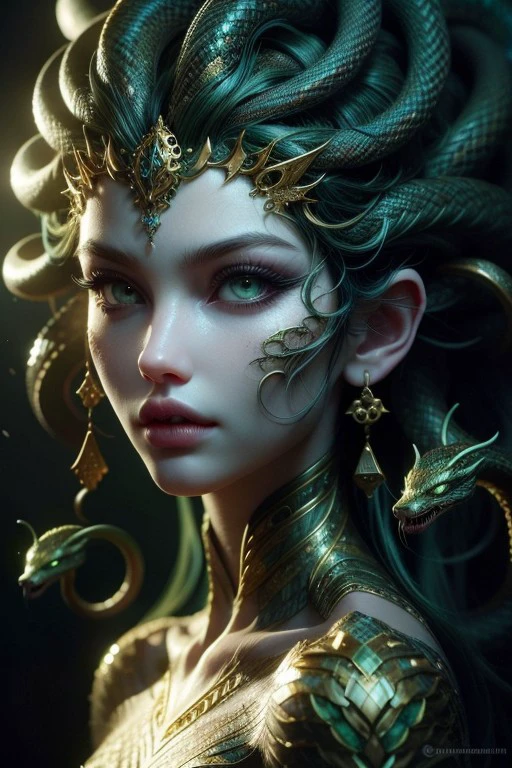 (High quality), (masterpiece), (detailed), 8K, Hyper-realistic portrait of a captivating young woman with a unique twist. Her (gaze1.2) is intense, her (eyes1.3) a mesmerizing shade of (emerald green1.2), and her (hair1.3), a stunning array of (slithering snakes1.5), adds an otherworldly allure. The (serpentine locks1.3) frame her face, creating a captivating contrast. (Intricate scales1.2) and (fangs1.2) add texture and detail, while her (poised expression1.2) exudes confidence. In the style of Stanley Artgerm Lau, trending on ArtStation.