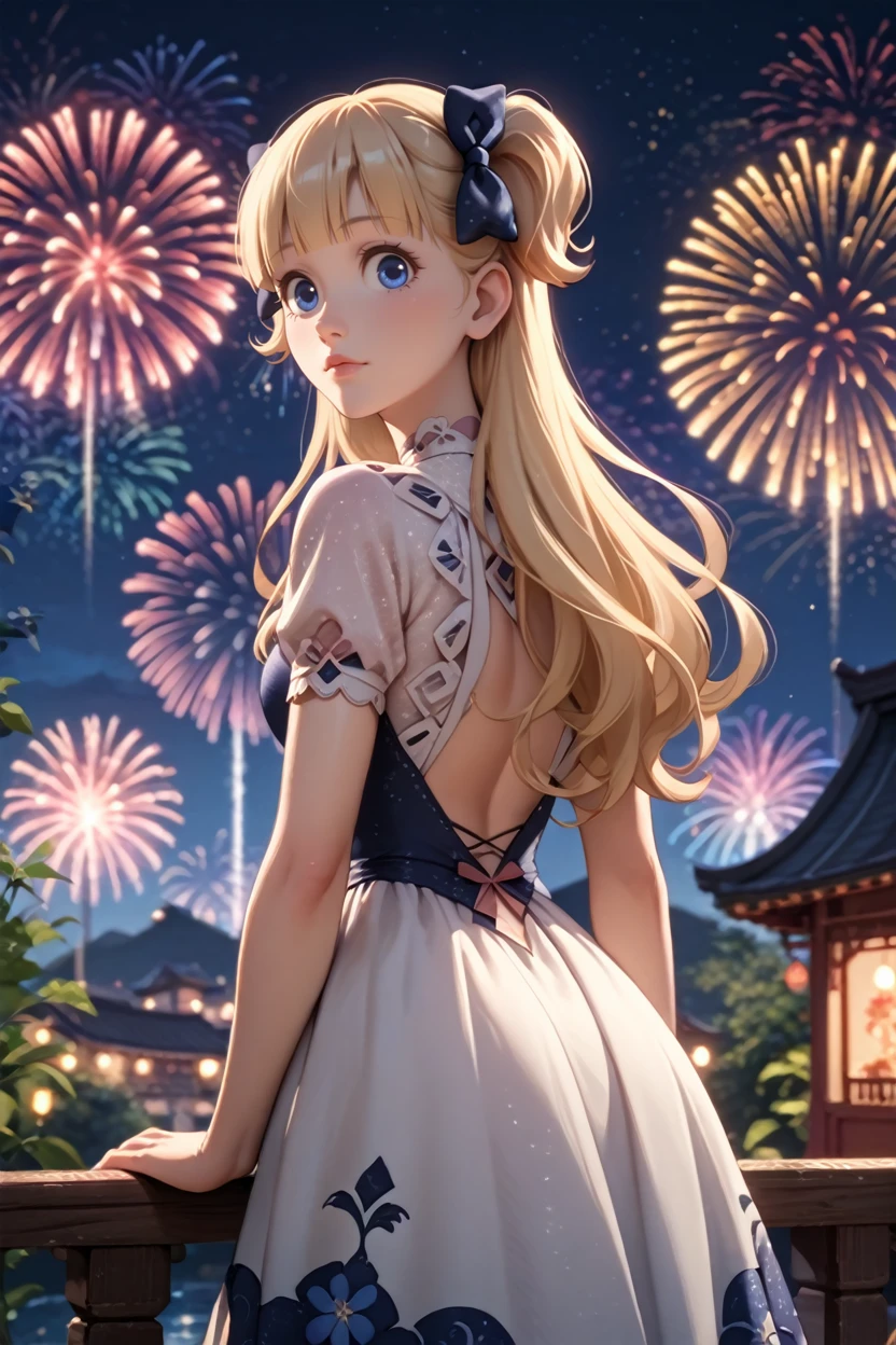 score_9, score_8_up, score_7_up, score_6_up
<lora:AEmilico:0.8>
AEmilico, 1girl, blonde hair, blue eyes, hair bow, blunt bangs, two side up, long hair, looking at viewer, from behind, cowboy shot, dress, looking back, fireworks, at night