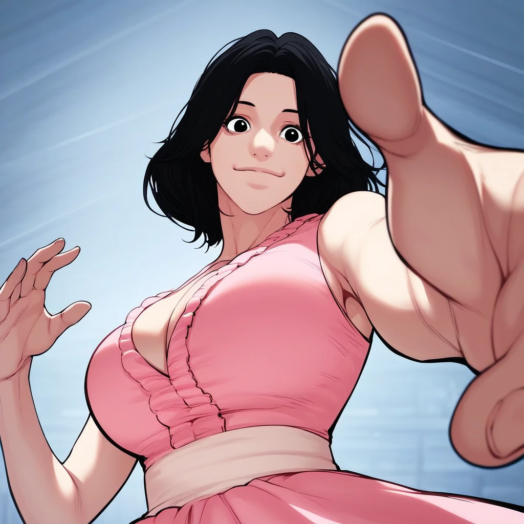 score_9, score_8_up, score_7_up, score_6_up, high res, high quality, good proportions, good anatomy, dynamic pose, 1girl, solo, yeonwookim, black hair, short hair, mature female, large breasts, black eyes, pink dress, sleeveless, cleavage, from below, breasts focus, upper body, reaching for viewer, looking at viewer, smile, closed mouth