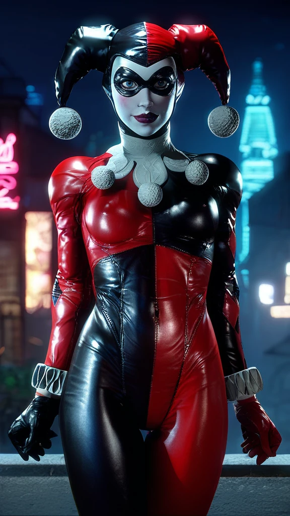 score_9, score_8_up, score_7_up, score_6_up, score_5_up, score_4_up, rooftop, outdoors, gotham, red neon lights, night, night sky, black sky, motion lines, front view, A girl standing, looking at viewer, sexy, smiling, 1girl, harley quinn, jester cap, black mask, pale white skin, black lips, white collar, har1992, black and red suit, blue eyes without pupils bubble-butt, huge-boobs, skinny, skinny waist, slut, slutty, horny, perfect face, perfect anatomy,  <lora:harley_quinn_classic_batman_arkham_knight_pdxl:1>