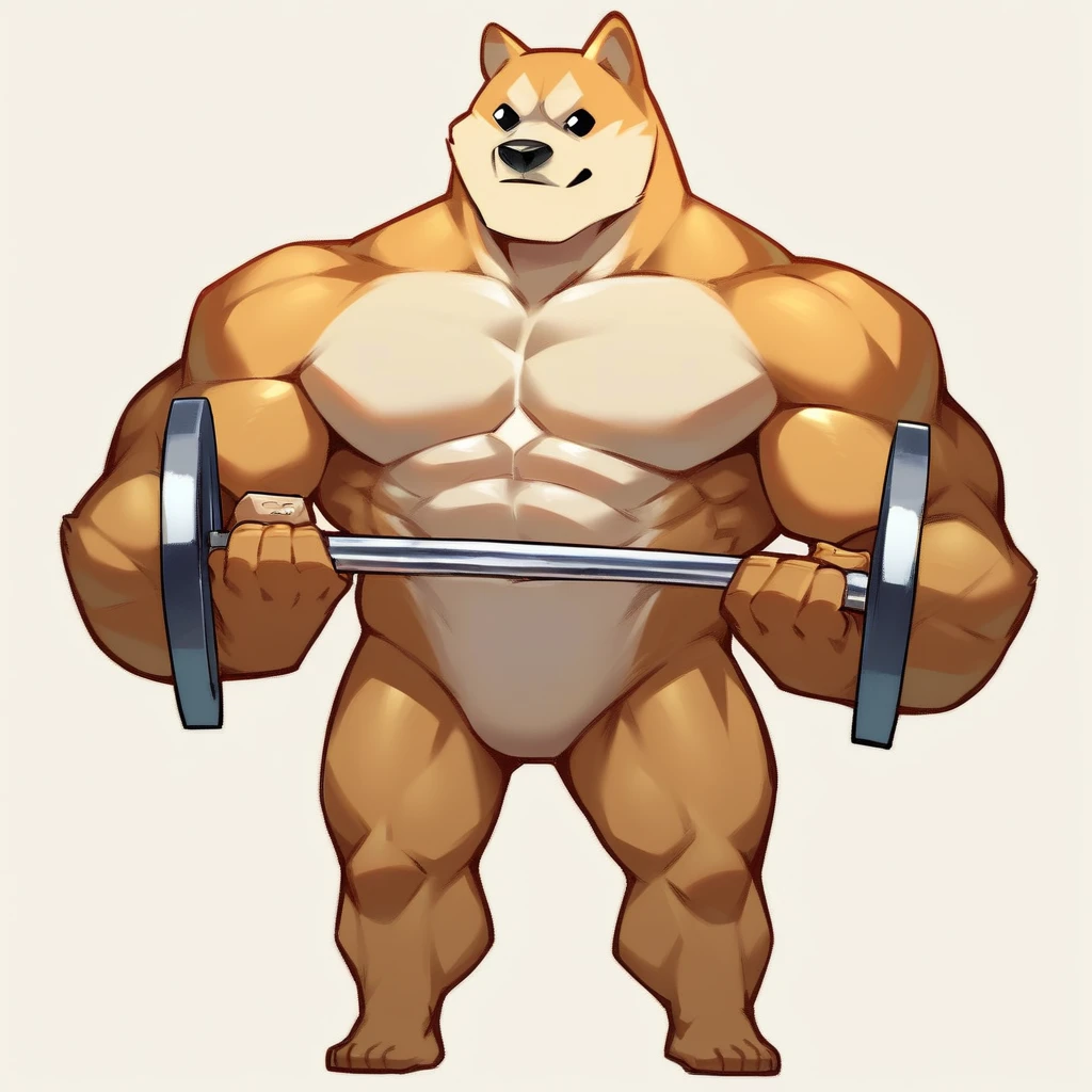 (buffdoge), shiba-inu, black eyes, muscular, no humans, yellow fur, lineart, cartoon, weightlift, (barbell), full body, chibi  <lora:MEME_Doge-PONY:0.7>, score_9, score_8_up, score_7_up, score_6_up,