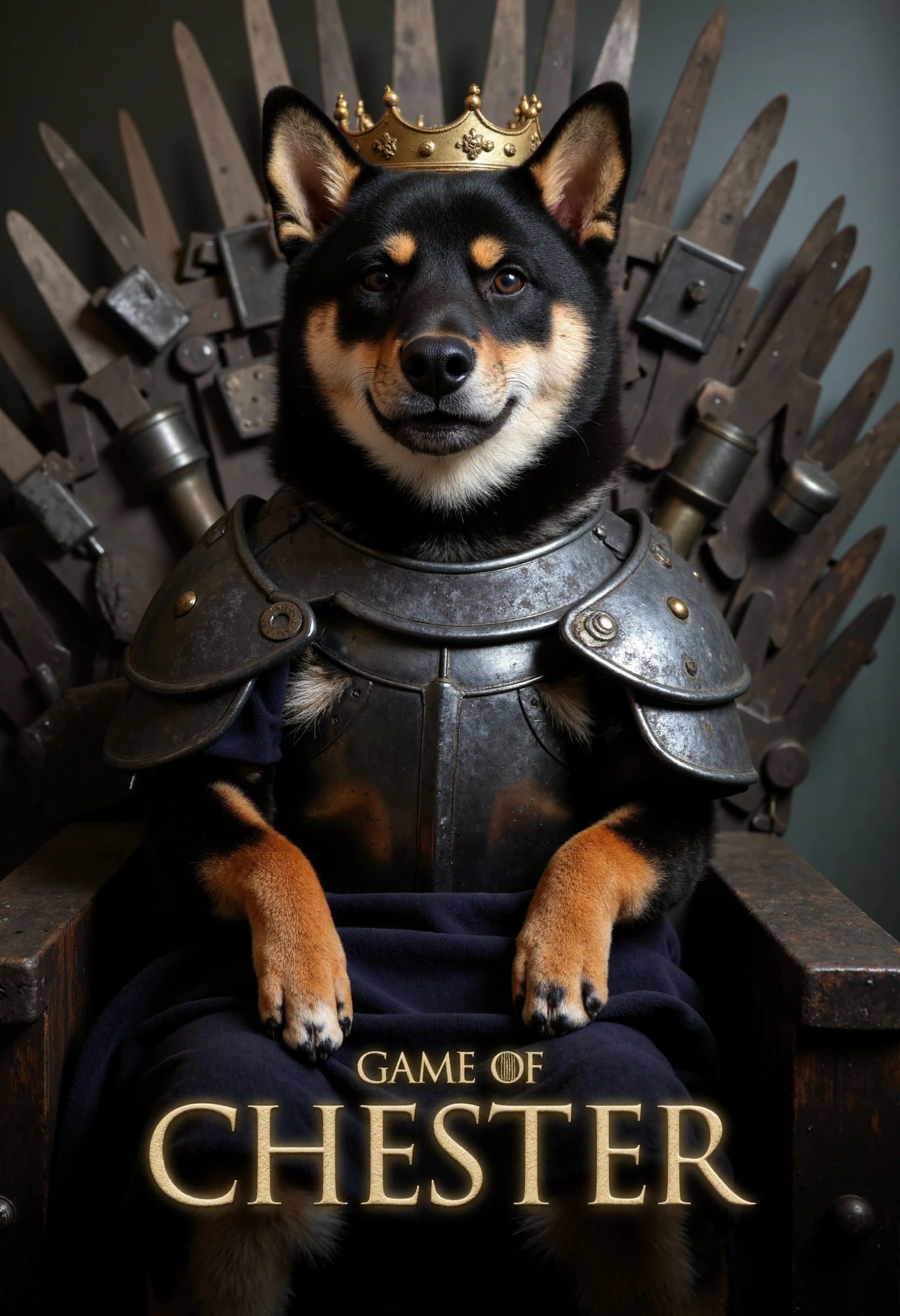 close up cinematic photo, a text title movie poster game of thrones style caption "GAME OF CHESTER", a black and tan shiba inu ch35t3r, wearing medieval armor, crown, sitting on a iron throne, light fog, highly detailed, parody movie poster, a digital movie poster illustration, game of thrones <lora:Chester_the_Shiba_ch35t3r:0.95>