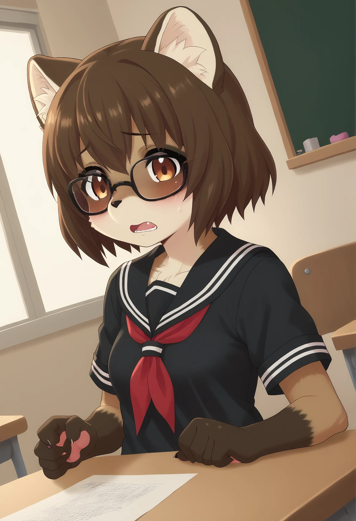 score_9, score_8_up, score_7_up, source_furry, tmc, <lora:RaccoonGirl_pony_v1:1>,
1girl, solo, animal ears, raccoon ears, furry female, brown eyes, furry, tail, brown hair, short hair, pawpads, brown fur, small breasts,
open mouth, blush, shy, black serafuku, looking at viewer,
table, glasses, classroom, upper body, dutch angle, (back:0.4),
anime screencap, <lora:p:0.3> <lora:Anime_Screencap:0.7>