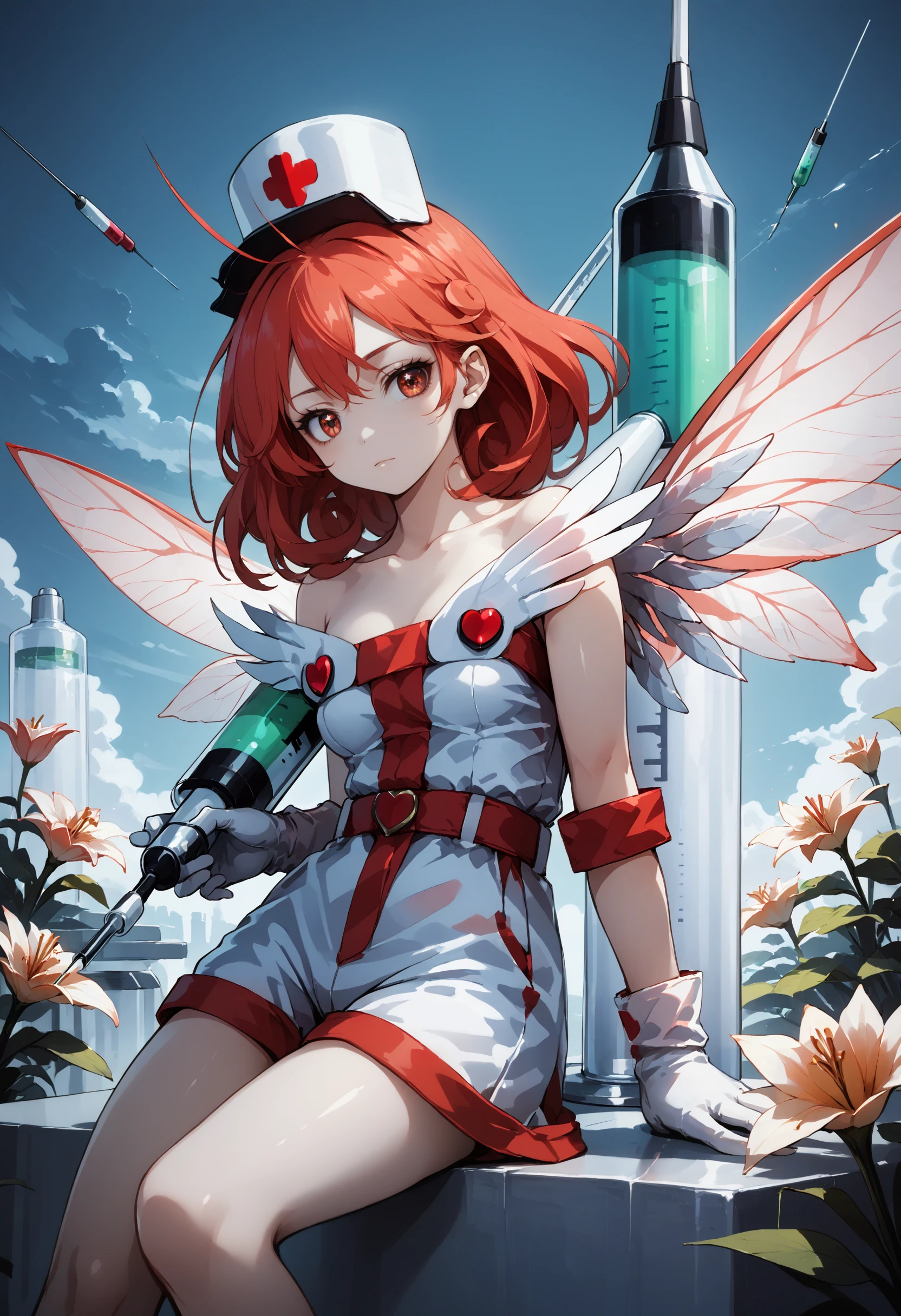 score_9, score_8_up, score_7_up, source_anime,
iflily, injection_fairy_lily, syringe, red hair, red eyes, sitting, nurse outfit, syringe, Long Shot, simple sky background, semirealistic, gloves, 
, diffused