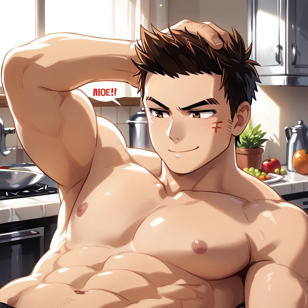 masterpiece, best quality, high quality, 1boy,8yo, boy focus, full body, looking at viewer, brown hair,spiky hairstyle, short hair, steam smork, japan style, anime coloring, angry, home muji style, detailed face, topless, white towel on waist,finely eye and detailed face,bulge