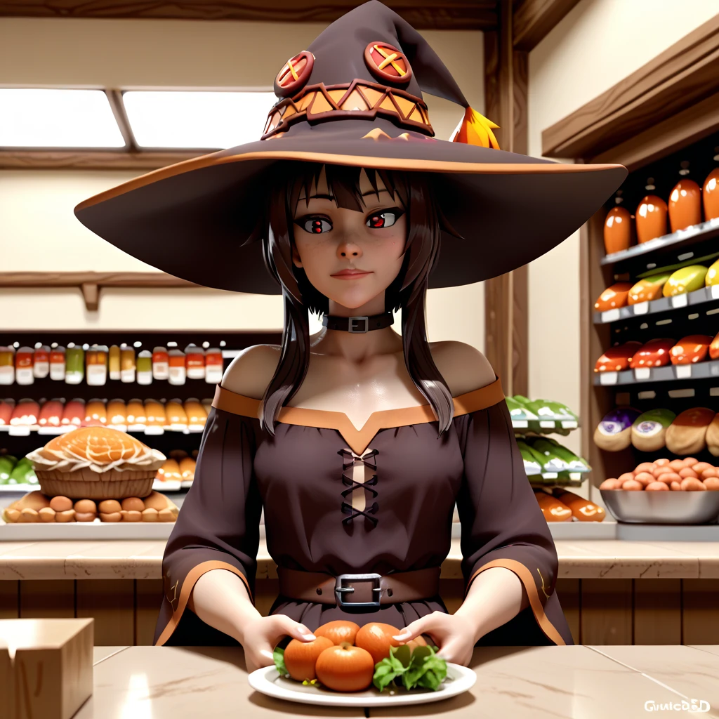 score_9, score_8_up, score_7_up, score_6_up, score_5_up, score_4_up, rating_safe,source_anime, source_3d,dazstyle,portrait of megumin wearing a dress and a witch hat in a grocery store,1girl,solo,indoors