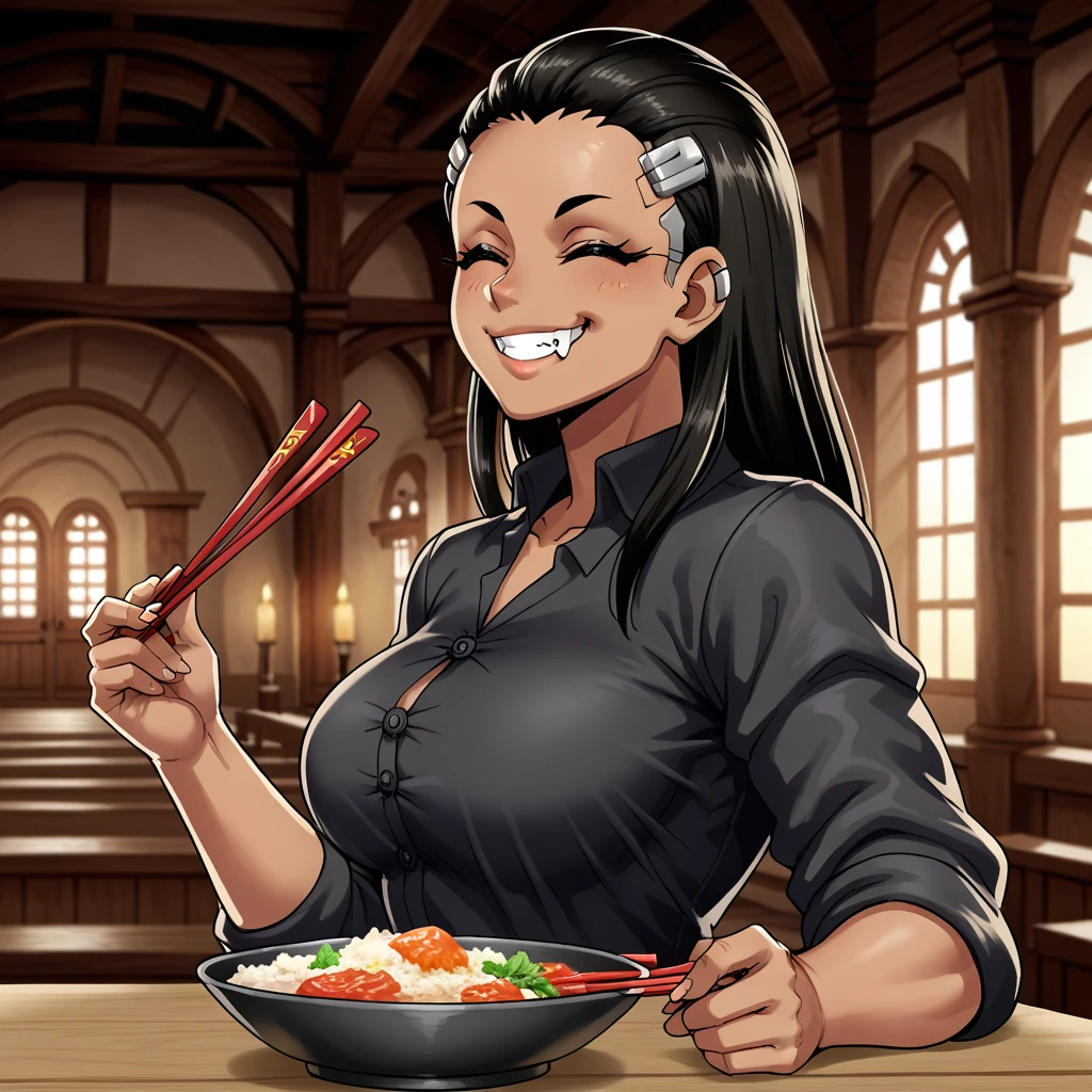 score_9, score_8_up, score_7_up,rating_safe,, nagatoro_hayase, black hair, tan, medieval colosseum,  sandstorm , ancient rome , Roman arena, solo, upper body,  holding chopsticks, rice bowl,  from side,  looking at viewer, eating, = =, happy aura, closed eyes, light smile,,1girl,solo, ( by qdnt )BREAK, augmentations , cybernetic parts, cyborg, shirt ,