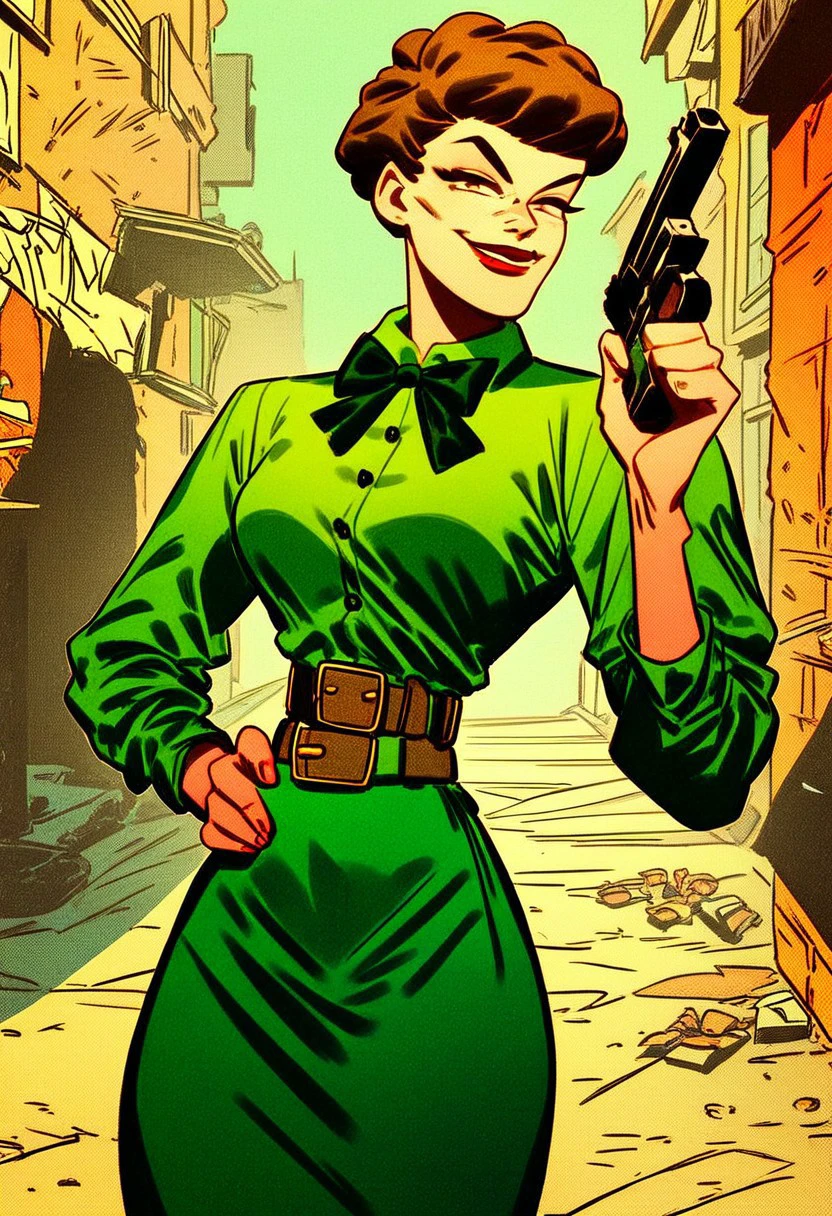 score_9_up, score_8_up, score_7_up, score_6_up, 1girl, solo, valerie_vaughn, brown hair, short hair, green blouse, belt, green skirt, bow, red lipstick, smug smile, looking at viewer, holding handgun, (standing in an alleyway)