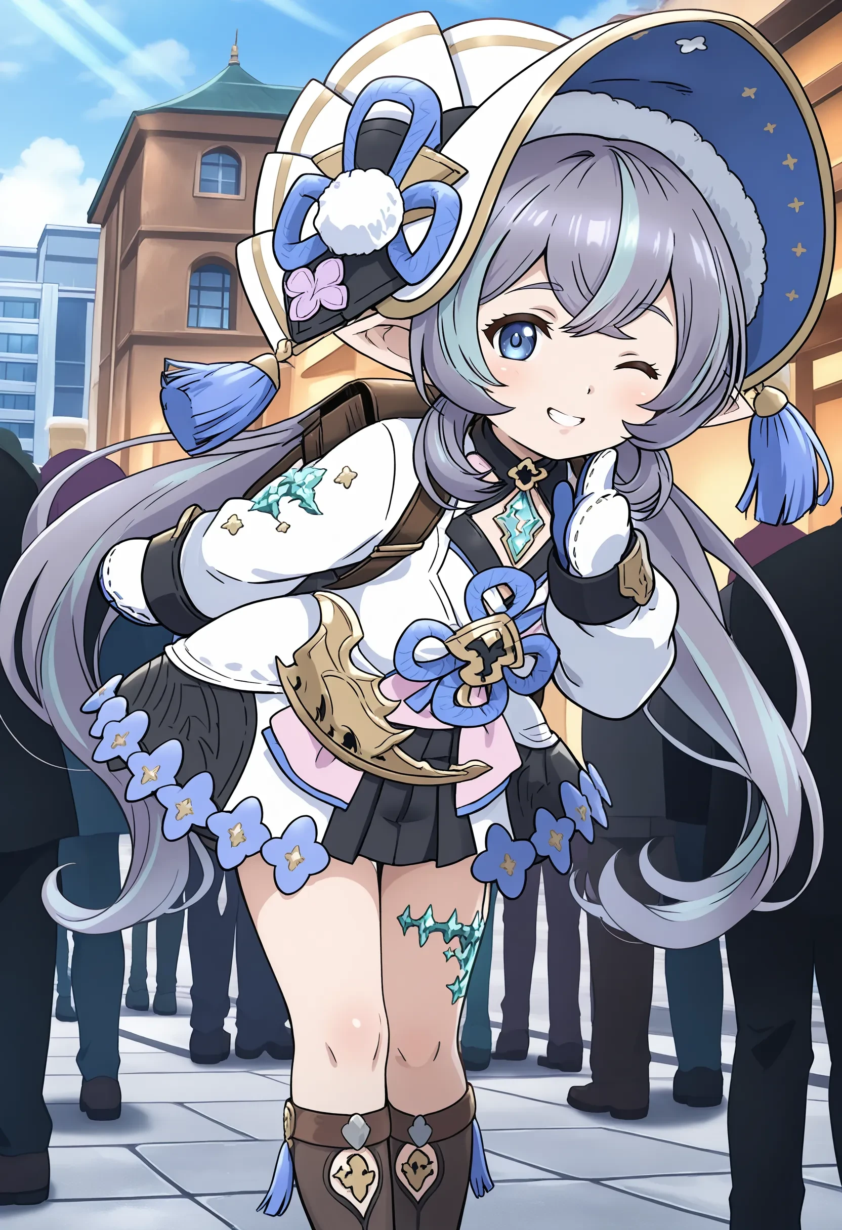 1girl, uruki \(granblue fantasy\), harvin, purple hair, multicolored hair, low twintails, blue eyes, bonnet, hat tassel, dress, long sleeves, mittens, backpack, footwear, 
outdoors, city, japan, audience, crowd, 
standing, hand on own chin, looking at viewer, leaning forward, arm behind back, index finger raised, Naughty, A mischievous grin, a wink, and a playful attitude., general, 
masterpiece, best quality, absurdres, high resolution, 8k, official art, official style, source_anime, uncensored, anime screencap, anime coloring, newest, (ai-generated:0.6) <lora:GBF-uruki_XL(ill)v10:1>