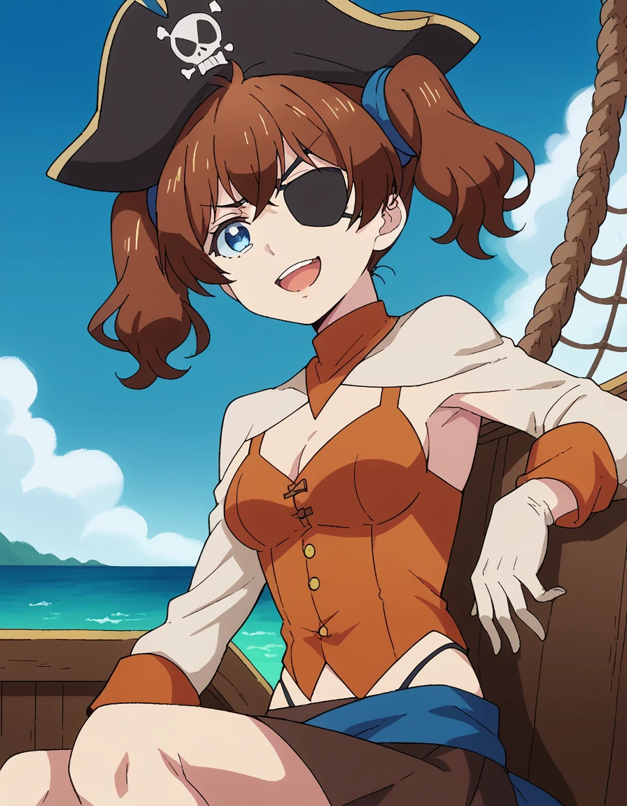 score_9, score_8_up, score_7_up, source_anime, <lora:mahiru-mizuhara-s1-ponyxl-lora-nochekaiser:1>, mahiru mizuhara, brown hair, twintails, blue eyes, medium breasts,, <lora:pirate-costume-ponyxl-lora-nochekaiser:1>, pirate costume, pirate hat, skirt, gloves, jacket, shirt, eyepatch,, blue sky, sea, ocean, pirate ship, treasure, gold, smug, open mouth, from below, sitting,, , dutch angle, cowboy shot