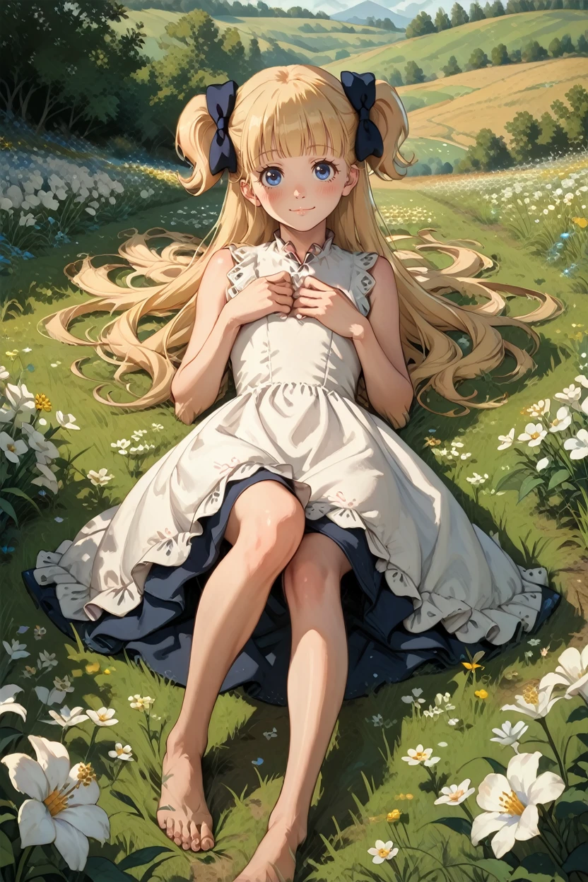 score_9, score_8_up, score_7_up, score_6_up
<lora:AEmilico:0.8>
AEmilico, 1girl, blonde hair, blue eyes, hair bow, blunt bangs, two side up, long hair, looking at viewer, lying down in a field of white flowers, dress, barefoot, looking at viewer, smug, smirk, blushing