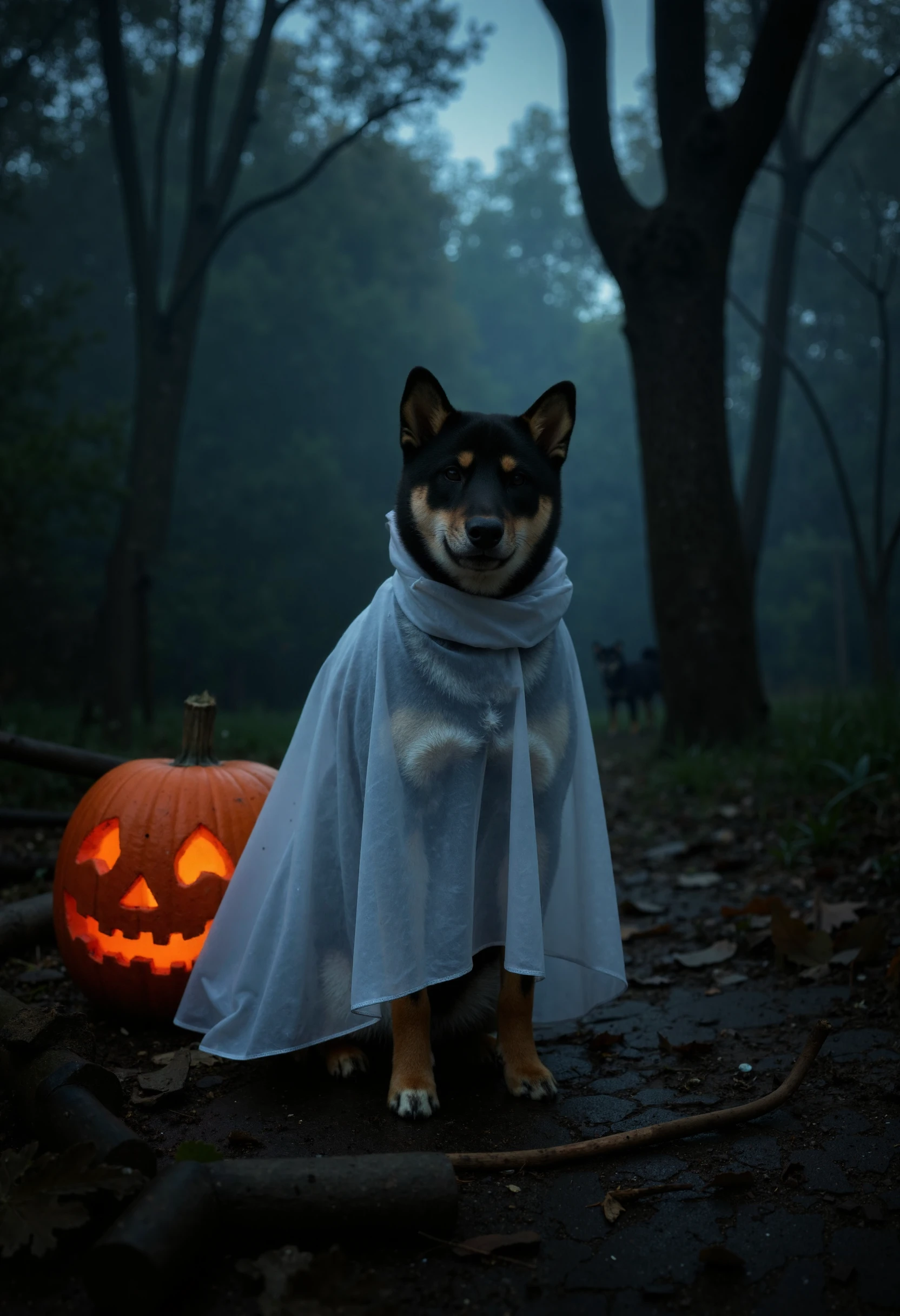 Close up shot, In the heart of a dark, swampy forest, a black and tan Shiba Inu ch35t3r is whimsically dressed in a ghostly white sheet. The scene is illuminated by moody, cinematic lighting that casts eerie shadows across the dense foliage and gnarled trees. A glowing jack o'lantern sits nearby, its carved face flickering with an orange hue that dances across the misty ground. The dynamic lighting accentuates the haunting atmosphere of the night, highlighting the playful yet mysterious presence of ch35t3r as he stands amidst the spectral setting. The overall composition captures a blend of spookiness and charm, perfect for a night filled with Halloween magic. <lora:Chester_the_Shiba_ch35t3r:0.95>