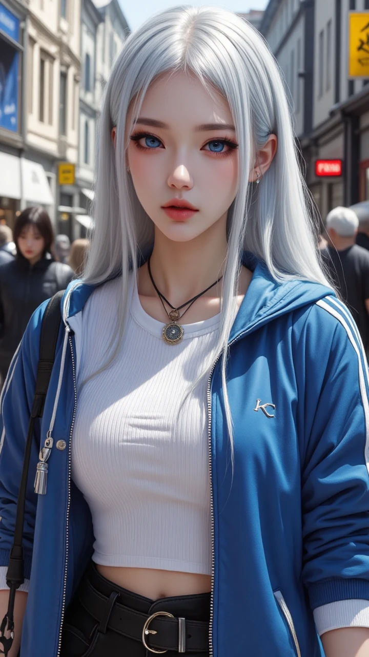 A photorealistic image of a woman,street wear, white hair,blue eyes,zaiji