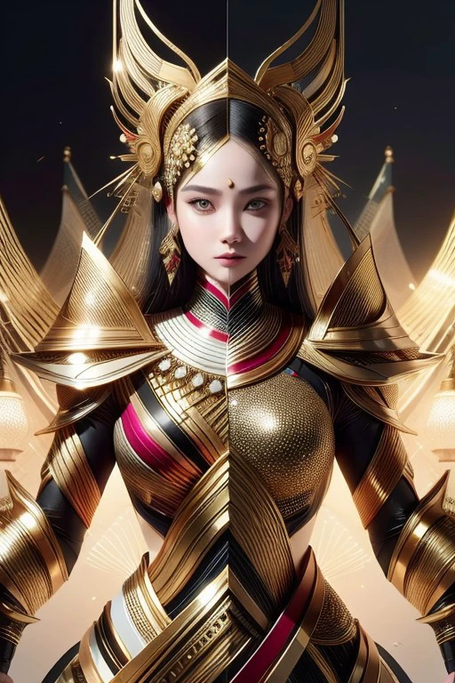 (high quality), (masterpiece), (detailed), 8K, Hyper-realistic painting of a young Indonesian woman wearing a futuristic suit that blends traditional patterns and vibrant colors, showcasing the rich heritage of Indonesia. She stands confidently in a dynamic pose, her detailed eyes reflecting determination and curiosity. The suit's material is a combination of traditional textiles and futuristic synthetic fabrics, giving it a unique and avant-garde appearance. Physically-based rendering techniques create realistic lighting and shadows, while the vivid colors capture the essence of Indonesian cultural aesthetics. The background features a fusion of modern architecture and traditional elements, creating a harmonious blend of the past and the future. This artwork explores the intersection of Indonesian culture, futuristic design, and the artistic representation of a confident girl.