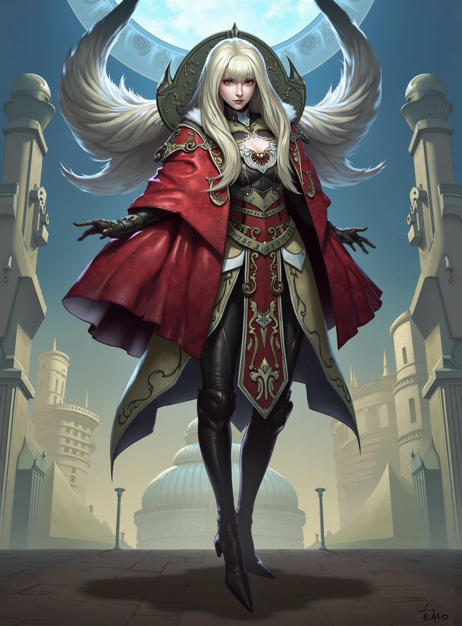 This is an anime inspired digital painting featuring a fantastical female character with layerd clothing. She has clothing with intricate patterns and an ornate design. She is standing in a magical city. She has flowing hair. She is posing in a dynamic manner, as if ready for action. The image is 2d in an anime painted style.