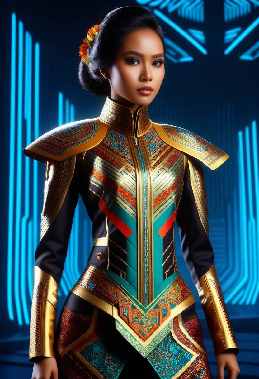 (high quality), (masterpiece), (detailed), 8K, Hyper-realistic painting of a young Indonesian woman wearing a futuristic suit that blends traditional patterns and vibrant colors, showcasing the rich heritage of Indonesia. She stands confidently in a dynamic pose, her detailed eyes reflecting determination and curiosity. The suit's material is a combination of traditional textiles and futuristic synthetic fabrics, giving it a unique and avant-garde appearance. Physically-based rendering techniques create realistic lighting and shadows, while the vivid colors capture the essence of Indonesian cultural aesthetics. The background features a fusion of modern architecture and traditional elements, creating a harmonious blend of the past and the future. This artwork explores the intersection of Indonesian culture, futuristic design, and the artistic representation of a confident girl.