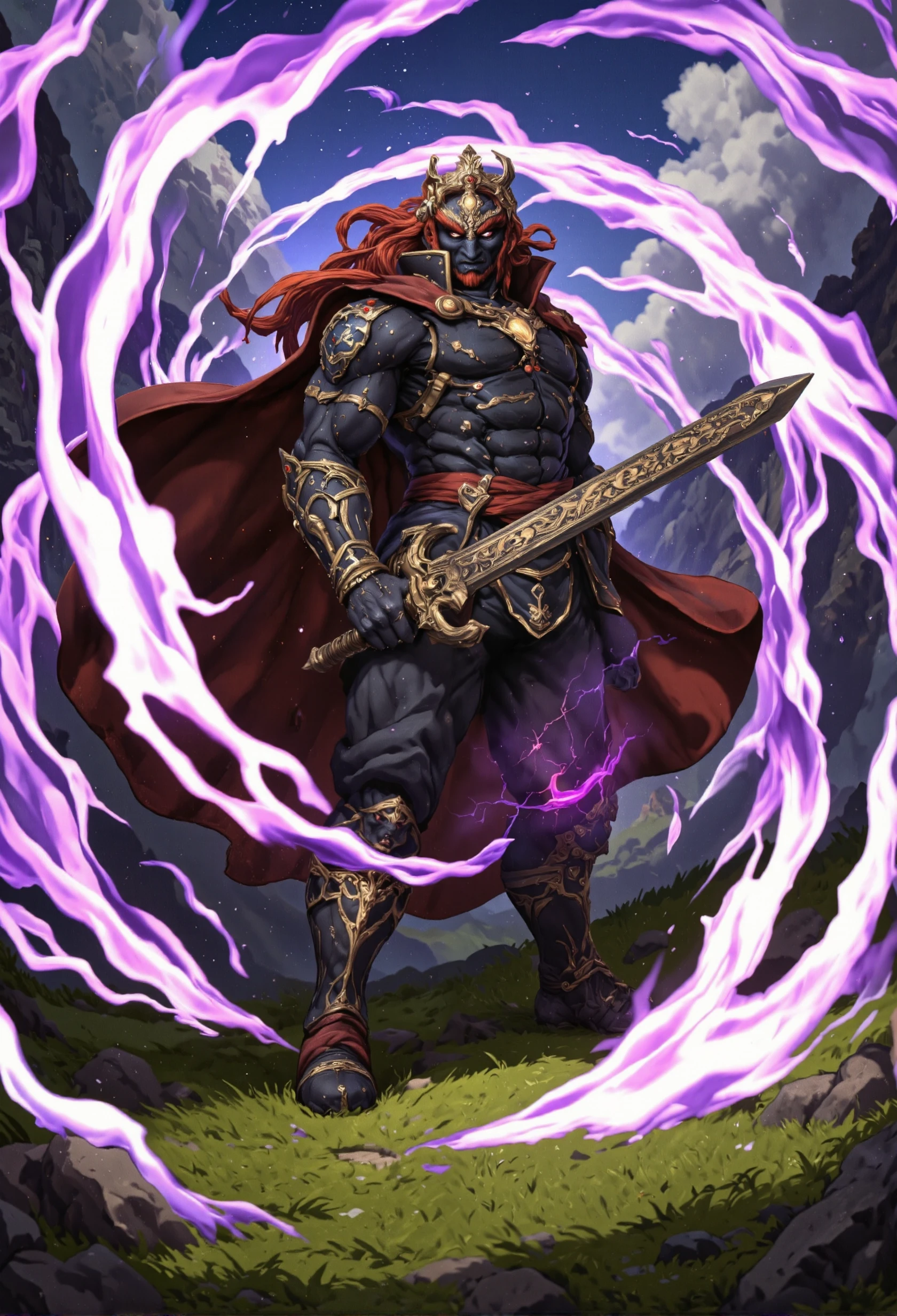 Ganondorf from the Legend of Zelda, detailed anime style, hyrule kingdom grassy field location, purple energy aura, action-fighting pose.holding greatsword 