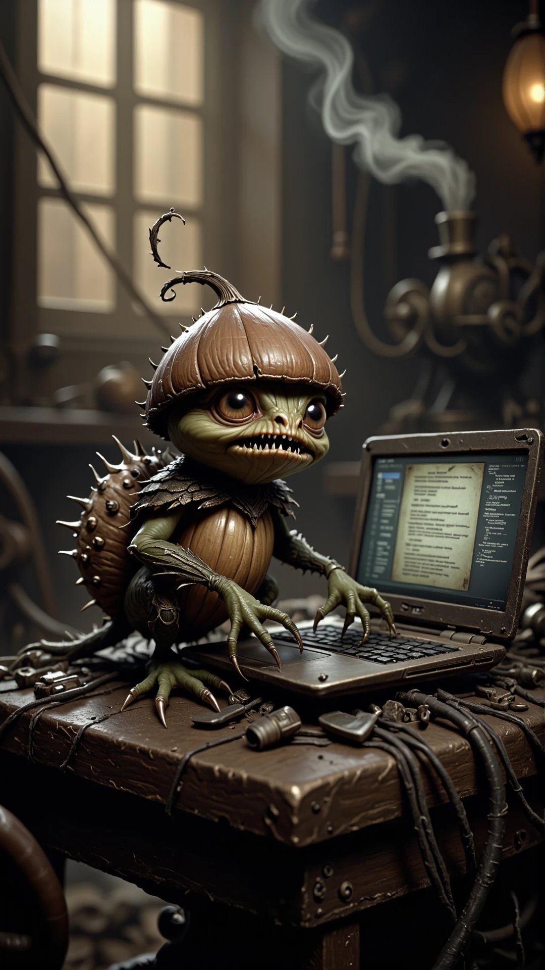 A professional film grain photography In a dimly lit, steam-powered laboratory, a tiny huskling perched on a dusty, copper-plated data analyzer. The huskling's body resembled an acorn, with a round, brown cap covering its head and a tiny, spiky stem on top. Its skin was a mossy green, with sharp, jagged scales running down its back. The creature's large, round eyes gleamed in the faint light, shining with a mischievous intelligence. A set of sharp teeth and small fangs peeked out from beneath its upper lip, giving it a slightly menacing grin.
The huskling was intently studying a sprawling mess of cables, wires, and discarded computer parts, which spilled across the workbench like a mad scientist's puzzle. Amidst the chaos, a laptop lay open, its screen glowing with lines of code that seemed to fascinate the little creature. The huskling's long, spindly fingers danced across the keyboard, typing out lines of code with surprising speed and accuracy.
As the huskling worked, the room was filled with the faint scent of burning circuits and ozone, and the air was thick with the hum of machinery. Gears whirred, pistons pumped, and a hissing steam engine puffed out great clouds of vapor, casting the laboratory in a warm, golden light. In the midst of this whirlwind of activity, the huskling was in its element, a tiny data scientist with a passion for unraveling the secrets of the digital world.photography,soft lighting,shallow depth of field,eye-level shot,mood lighting,anamorphic lens flare,modelshoot style,(side view:1.4),shot on Nikon Coolpix P950 with Built-in 24-2000mm f-2.8-6.5 <lora:HusklingFlux:1>