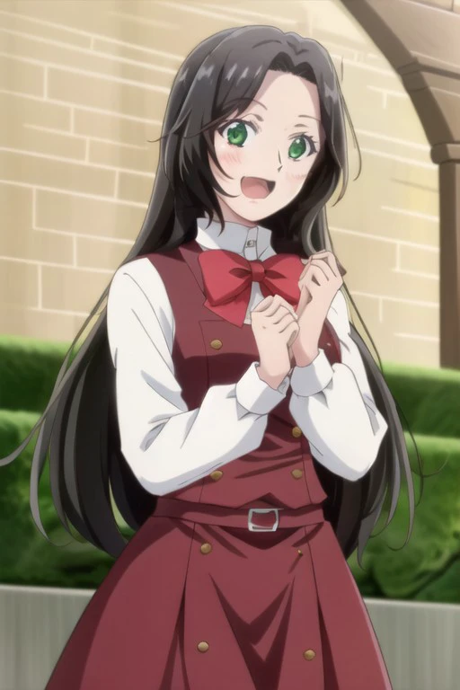 (masterpiece), liz cather, long hair, black hair, green eyes, 1girl, solo, smile, open mouth, blush, looking at viewer, :d, bow, shirt, school uniform