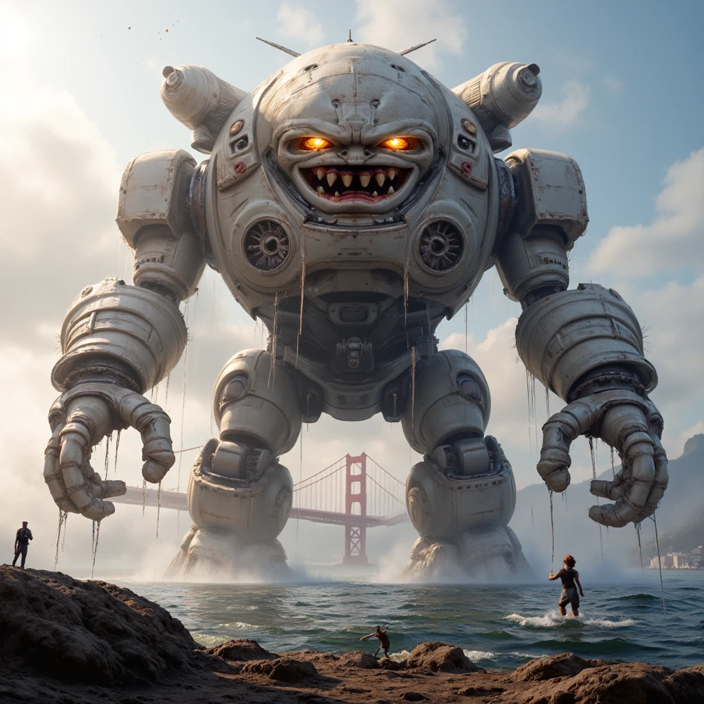 realistic wide angle photo of a gigantic robotic (boston dynamics) war titan with with gesugao facial expression, glowing eyes, and lasers and missile launchers mounted to it. it's a bit rusty, but its still good. The titan is emerging from it's ocean slumber amidst the fog in the San Francisco bay with large amounts of water cascading from its arms and legs with the city and golden gate bridge in the background. the morning sun partially piercing through the clouds (ray tracing)<lora:gesugao.FLUX:0.8>