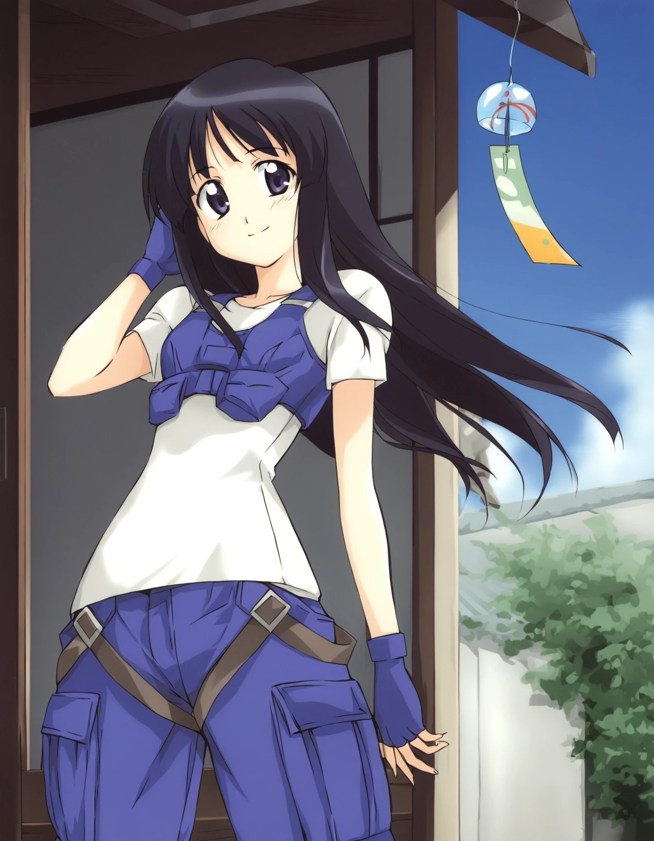 1girl, solo, smile, summer, wind chime, shop, blue sky, hand in own hair, cowboy shot
<lora:aoba-illustrious-000015:1> tsuzaki, black hair,
cropped vest, white shirt, t-shirt, short sleeves, fingerless gloves, cargo pants, masterpiece, best quality