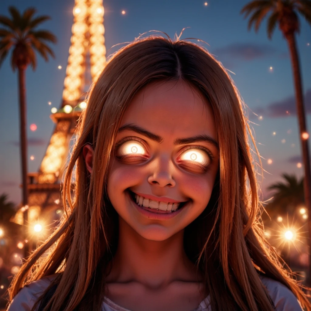 realistic wide angle photo of a girl with gesugao facial expression and glowing eyes standing in front of the eiffel tower in Las Vegas Nevada<lora:gesugao.FLUX:1.3>