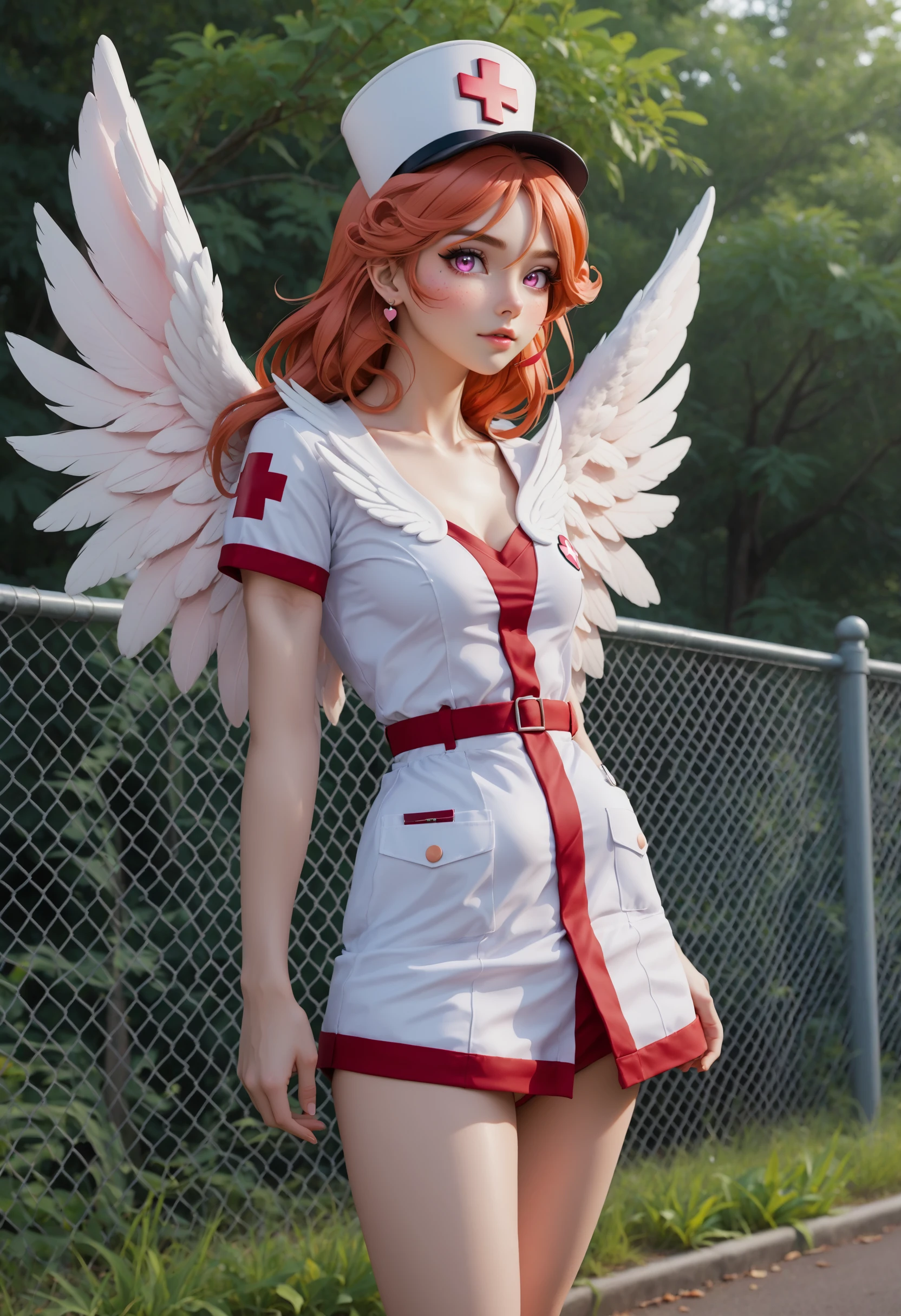 score_9, score_8_up, score_7_up, source_anime, incredibly absurdres, Long Shot,
iflily, injection_fairy_lily, red hair, red eyes, ahoge, hyperrealistic, 2.5D, blush:1.2, peach_fuzz, nurse dress, tree, breasts, flat chest, white footwear, fence, angel wings, earrings, looking at viewer, feathered wings, hat