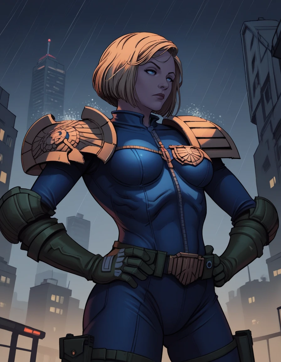 score_9, score_8_up, score_7_up,score_6_up, score_5_up, score_4_up ,
1girl, solo,
large breasts,
jandersondg,
blonde hair, short hair, blue eyes,
armor, blue bodysuit, pauldrons, 
science fiction, city, night, rain,
 from below, half-closed eyes, hands on hips, 
 <lora:Judge Anderson DG PXL v01-000002:0.90>