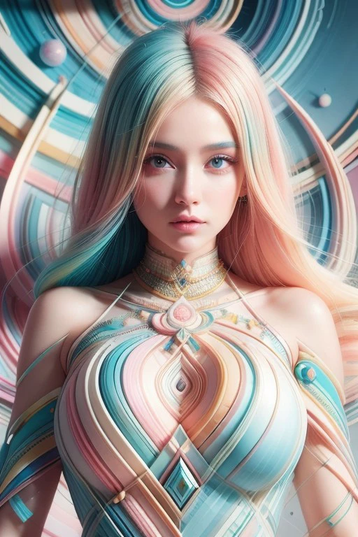 (High quality), (masterpiece), (detailed), 8K, Hyper-realistic portrait of a woman's upper body, adorned with abstract pastel patterns. (Soft hues1.3) of pink, blue, and yellow create a dreamy atmosphere. (Intricate swirls1.2) and (geometric shapes1.2) form a unique tapestry, drawing the eye to her captivating expression.