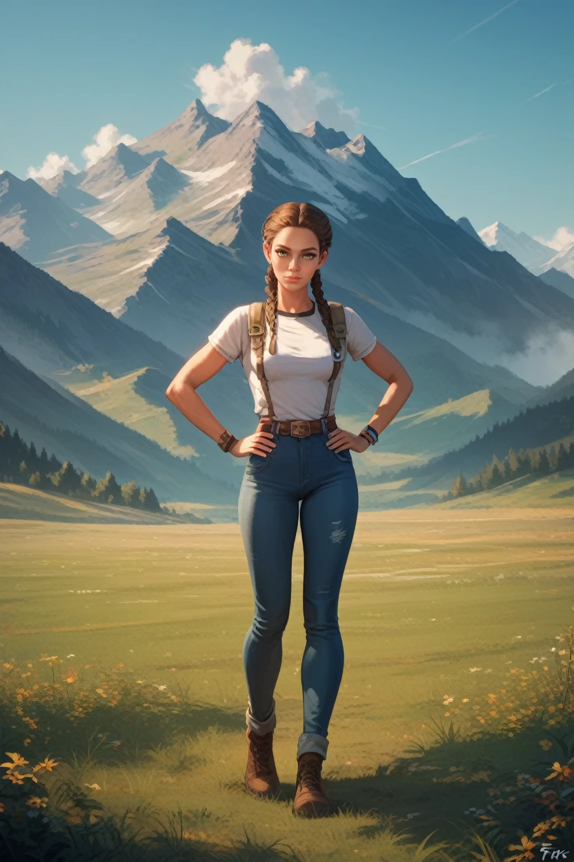 score_9, score_8_up, score_7_up,
<lora:FC6Clara:0.8>
FC6Clara, 1girl, twin braids, brown hair, white streaks, green eyes, looking at viewer, hands on hips, mountains, field, full body