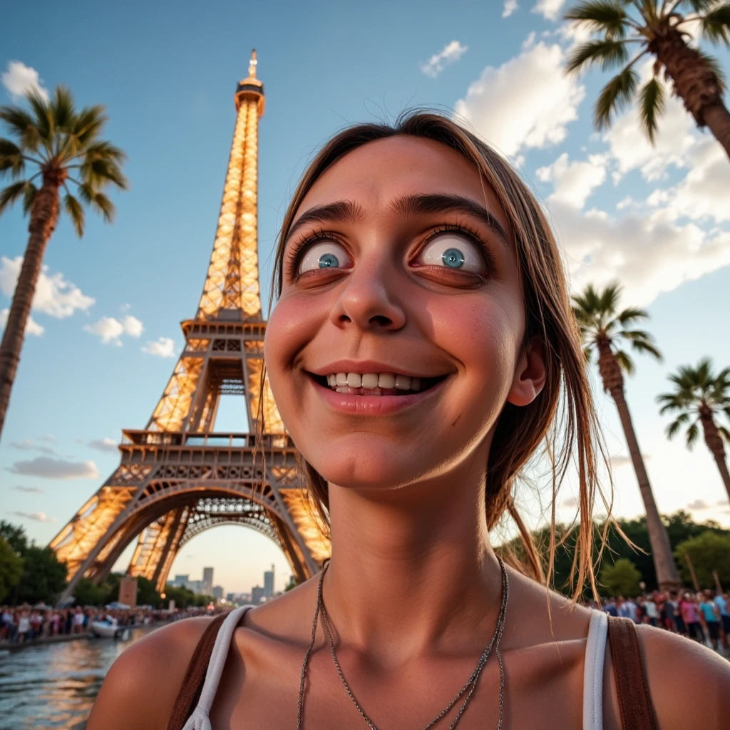 realistic wide angle photo of a girl with gesugao facial expression standing in front of the eiffel tower in Las Vegas Nevada<lora:gesugao.FLUX:1>